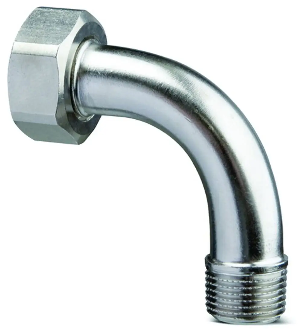 Heizkörperanschlussbogen aus vernickeltem Metall mit einer gebogenen Form und zwei unterschiedlichen Gewindeanschlüssen, hergestellt von IMI Hydronic Engineering.